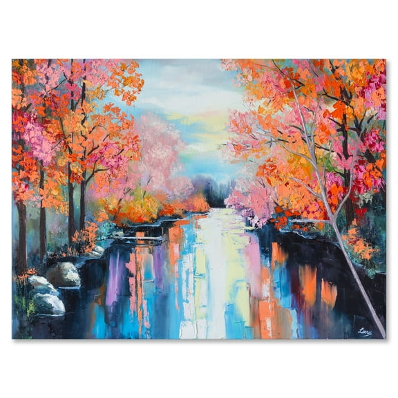 The River Through Orange Autumn Forest 12 in x 8 in Painting Canvas Art Print, by Designart
