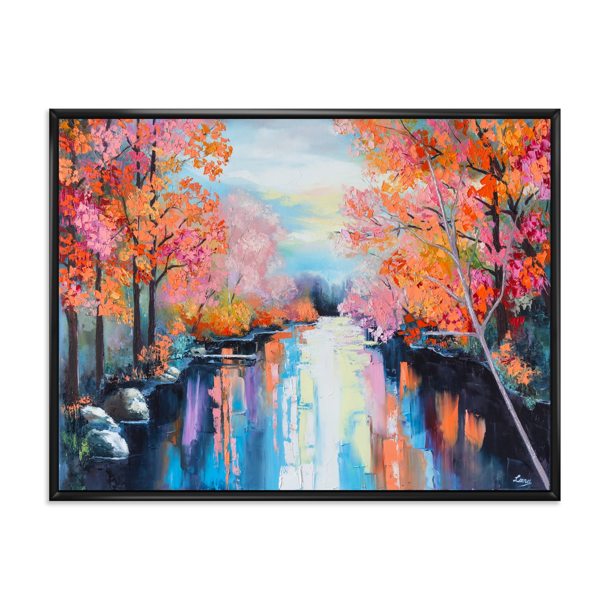 The River Through Orange Autumn Forest 32 in x 16 in Framed Painting Canvas Art Print, by Designart