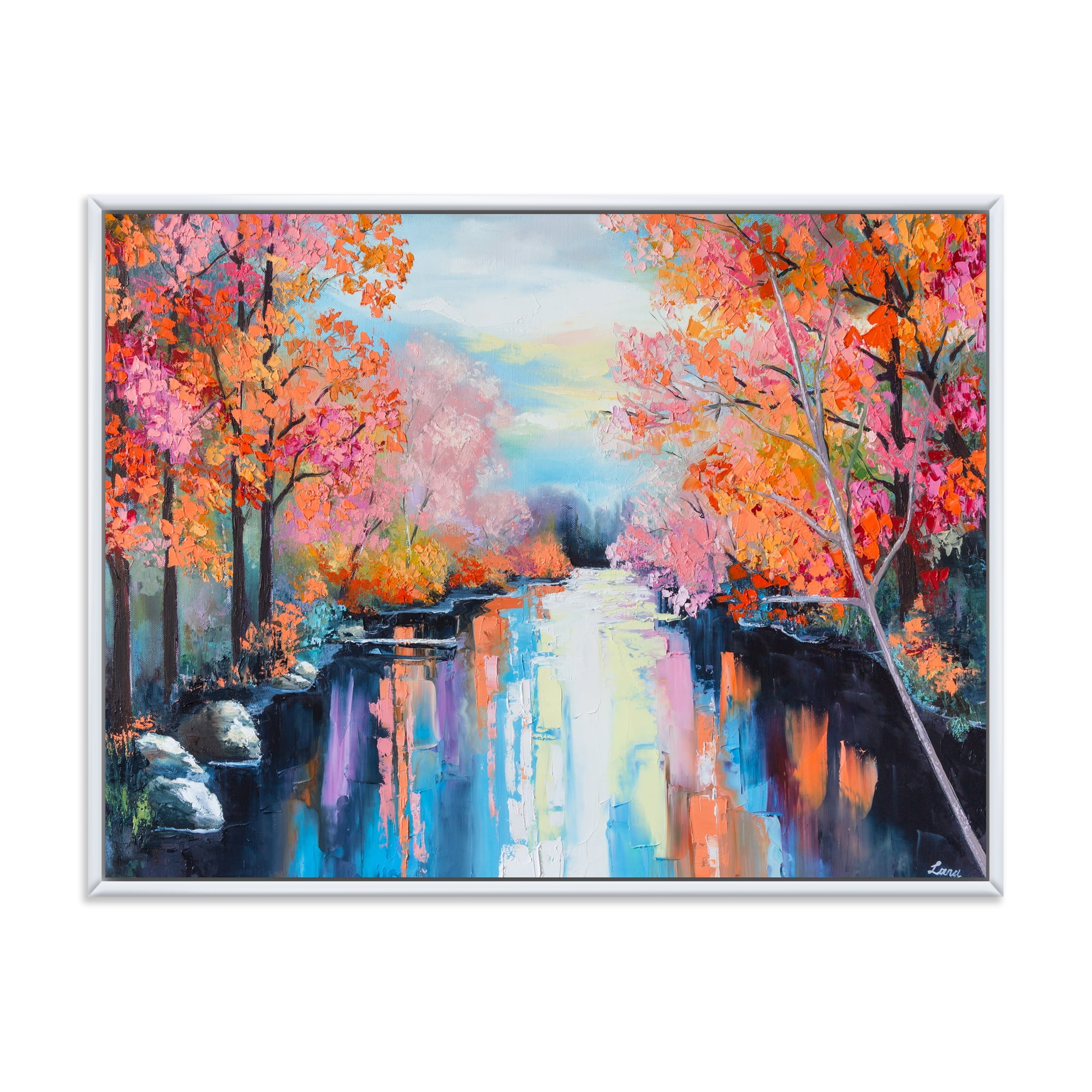 The River Through Orange Autumn Forest 40 in x 30 in Framed Painting Canvas Art Print, by Designart
