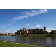 The River Wisla passing the 11th Century Royal Castle, Wawel Hill, Krakow, Poland Poster Print 9 x 27