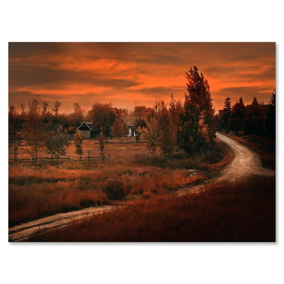 The Road By The Farm In Dark Pink Sunset 12 in x 8 in Painting Canvas Art Print, by Designart