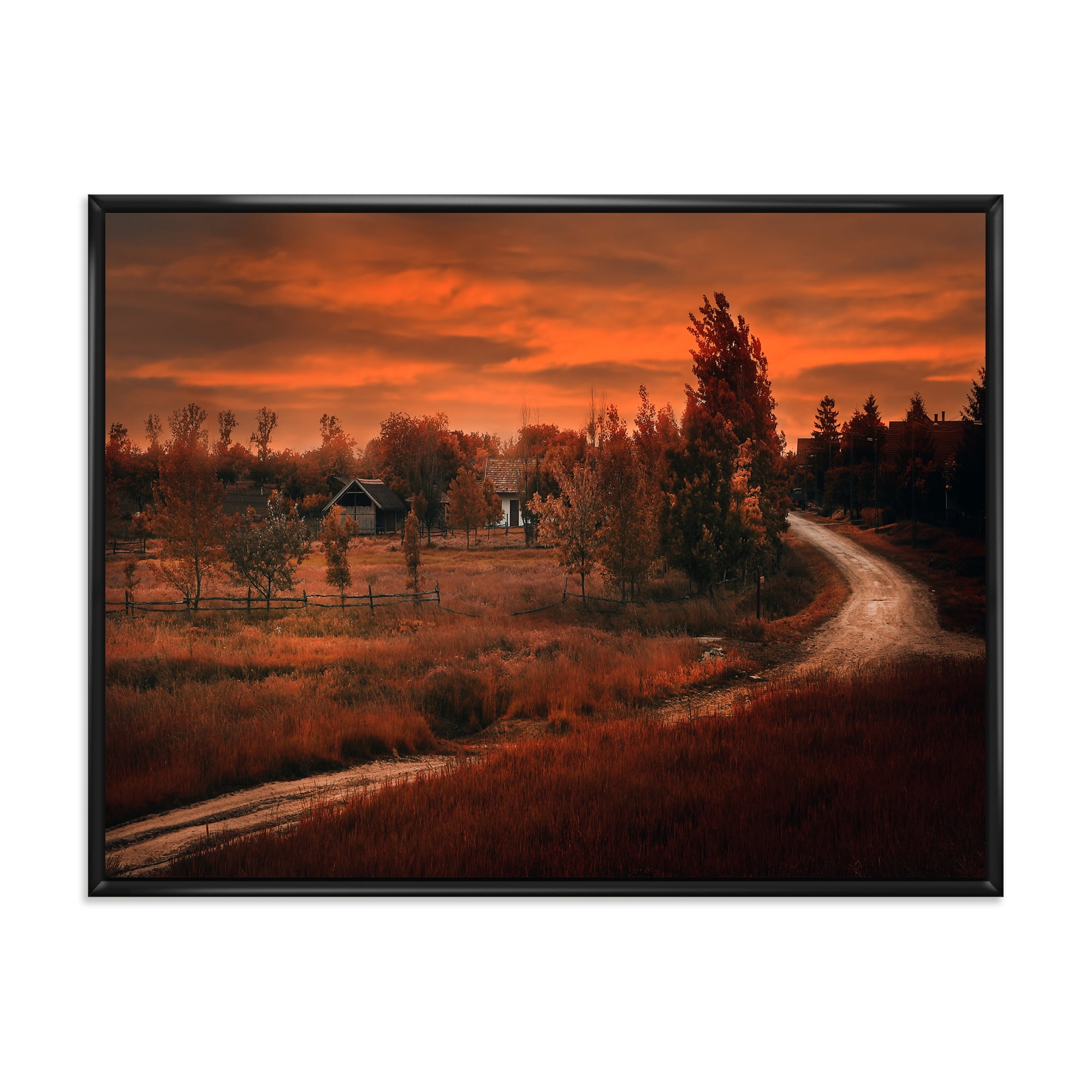 The Road By The Farm In Dark Pink Sunset 32 in x 24 in Framed Painting Canvas Art Print, by Designart