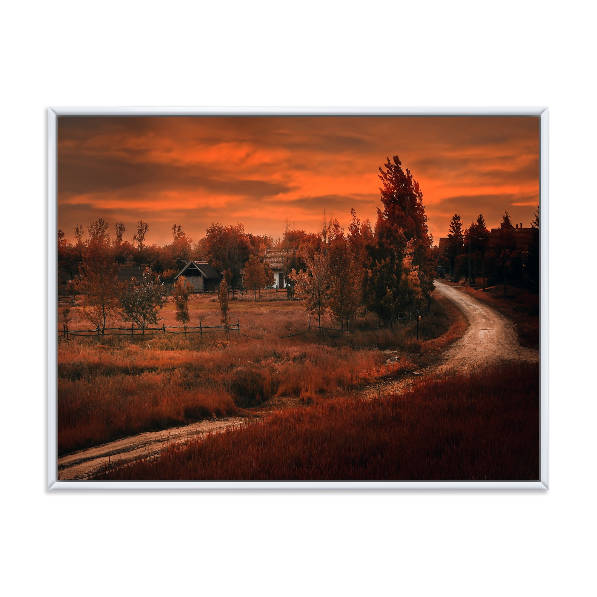 The Road By The Farm In Dark Pink Sunset 40 in x 30 in Framed Painting Canvas Art Print, by Designart