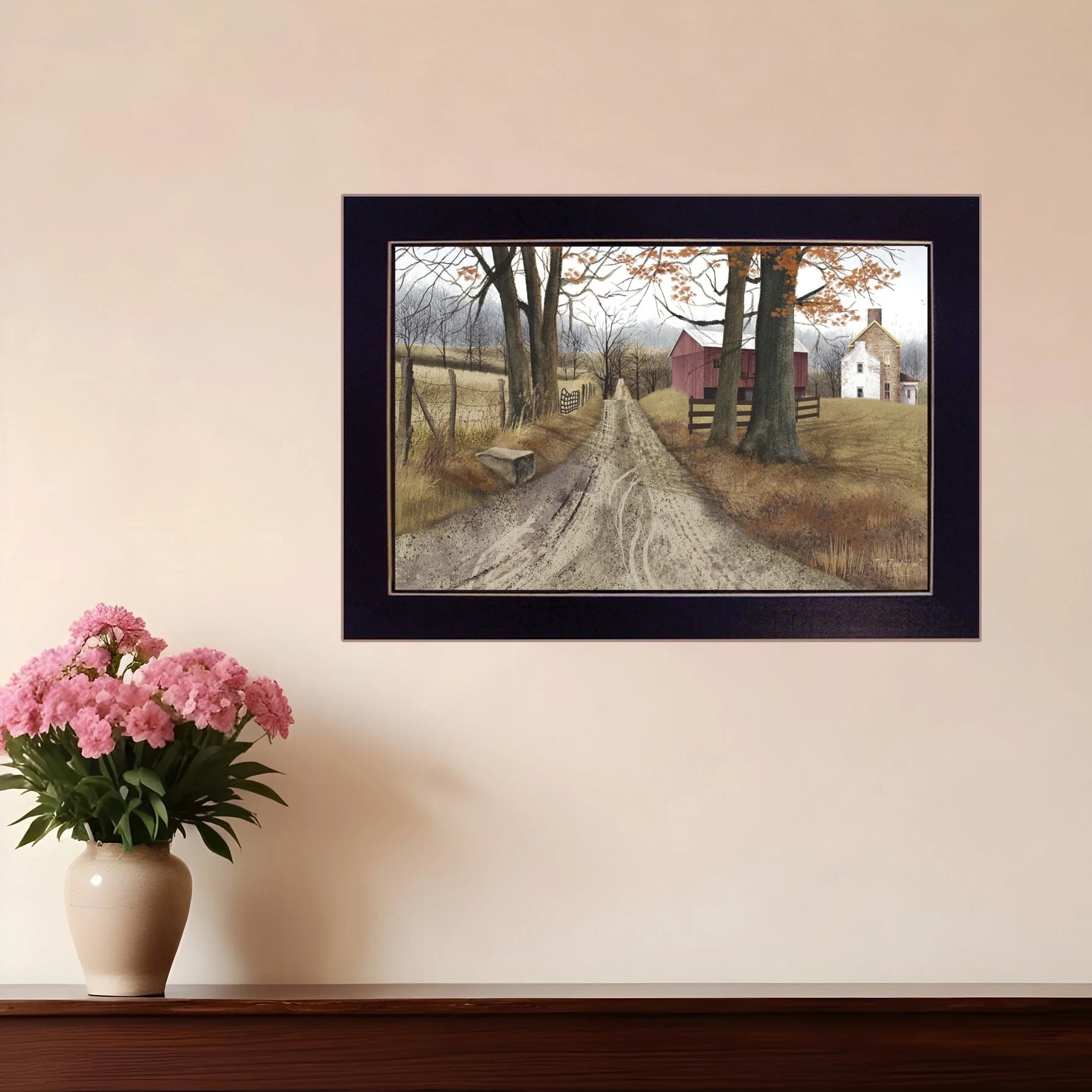 Traditional Black Framed Farm Scene Canvas Print