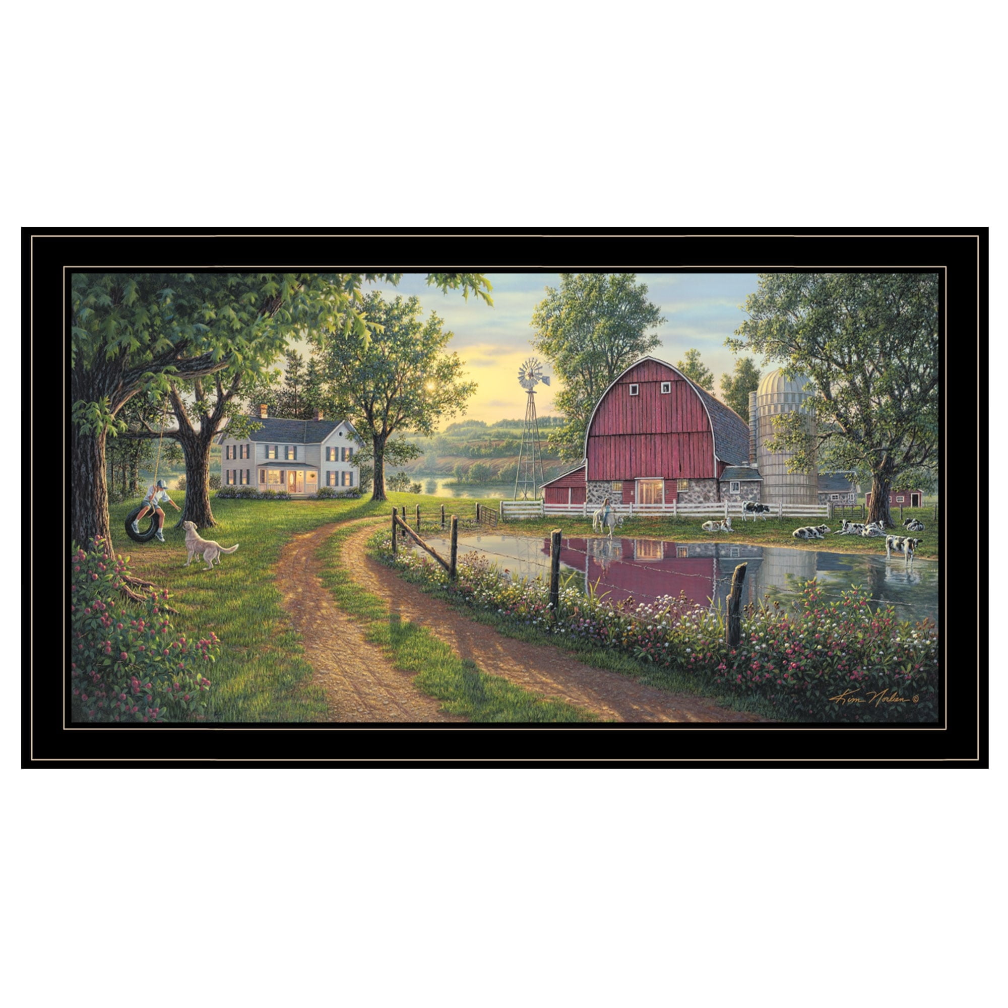 Vintage Farmhouse Scene Black Framed Canvas Print, 38" x 21"