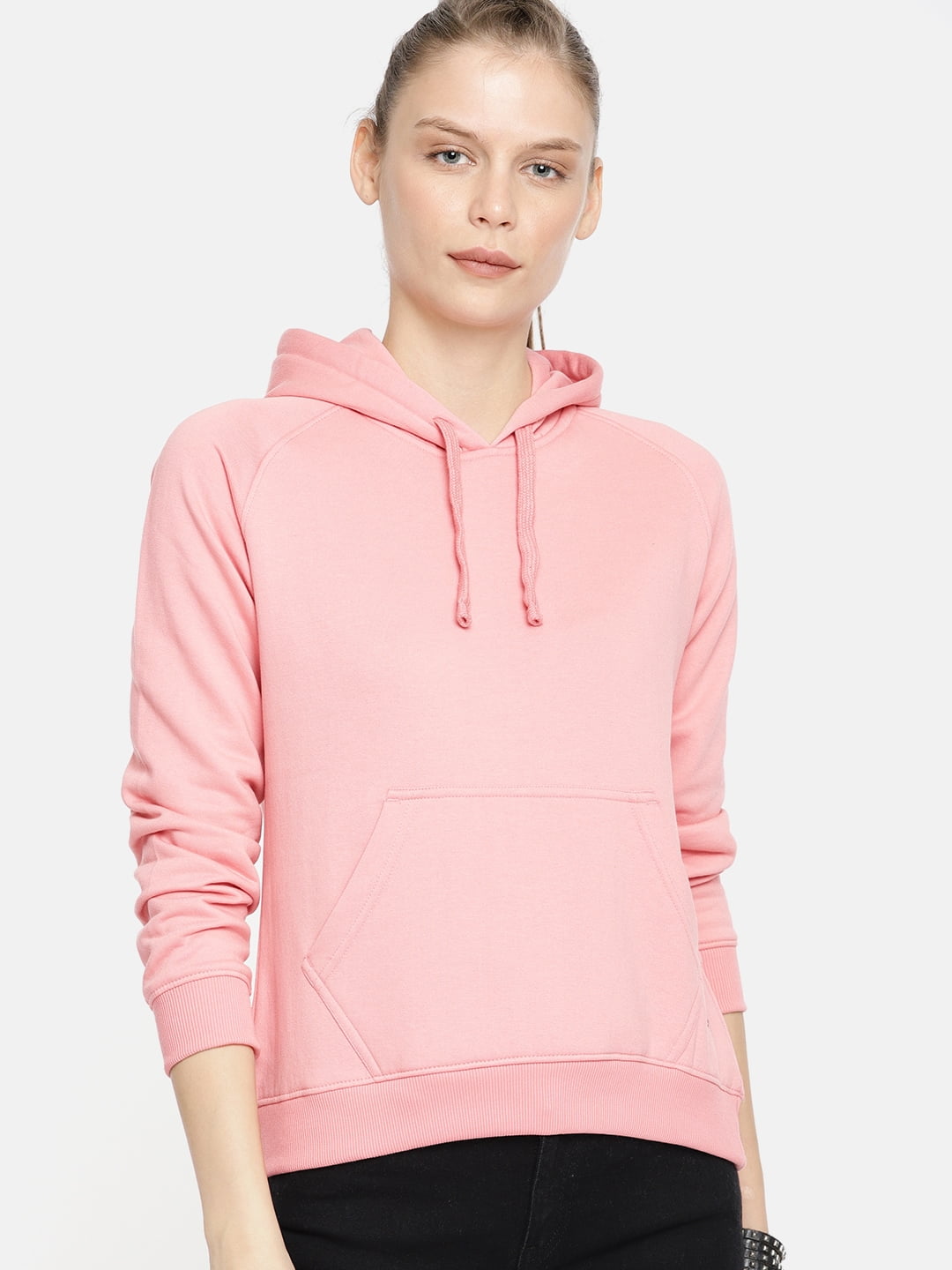 The Roadster By Myntra Lifestyle Co Women Pink Solid Hooded Long Sleeves Ready to Wear Pullover Regular Polyester Sweatshirt With A Kangaroo Pocket