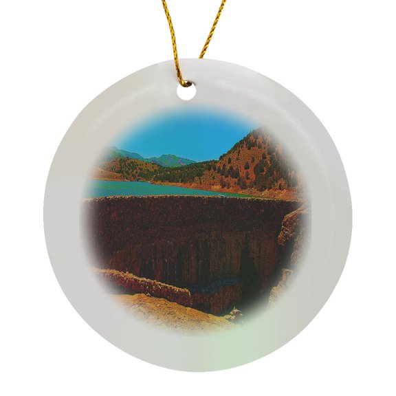 3drose, the Rock and Cement Wall That Forms a Dam at the Enterprise, Utah Reservoir Done in Vibrant Color, Circle Porcelain Ornament