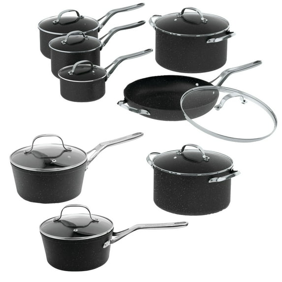 The Rock By Starfrit 16 piece Cookware Set, Dishwasher Safe Pots and Pans, Black