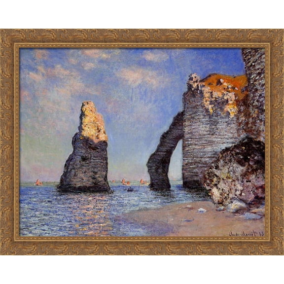 The Rock Needle and the Porte d'Aval 34x28 Large Gold Ornate Wood Framed Canvas Art by Claude Monet