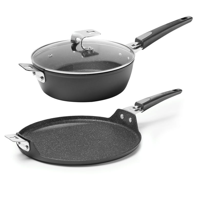 The Rock by Starfrit 9-Inch Deep Fry Pan/Dutch Oven with Lid and T-Lock  Detachable Handle & T-Lock 12.5-Inch Pizza Pan/Flat Griddle with Detachable  Handle 