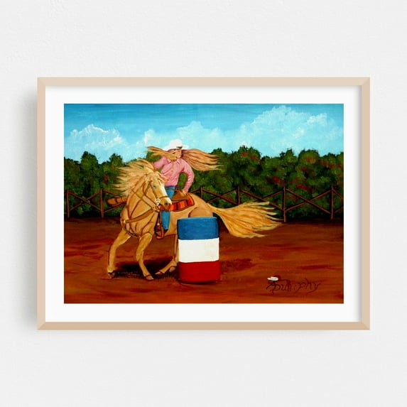 The Rodeo Barrel Racer - Painting Horse Cowboy Western Animal Rustic Pastoral Farmhouse Oak Framed Wall Art Print 20 x 30 inches
