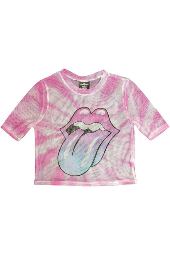 The Rolling Stones Ladies Crop Top: Pink Gradient Tongue (Mesh) (Large)