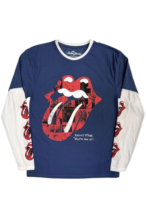 The Rolling Stones Unisex Layered Long Sleeve T-Shirt Collage Tongue (Denim Blue & White) (Sleeve Print) (X-Large)