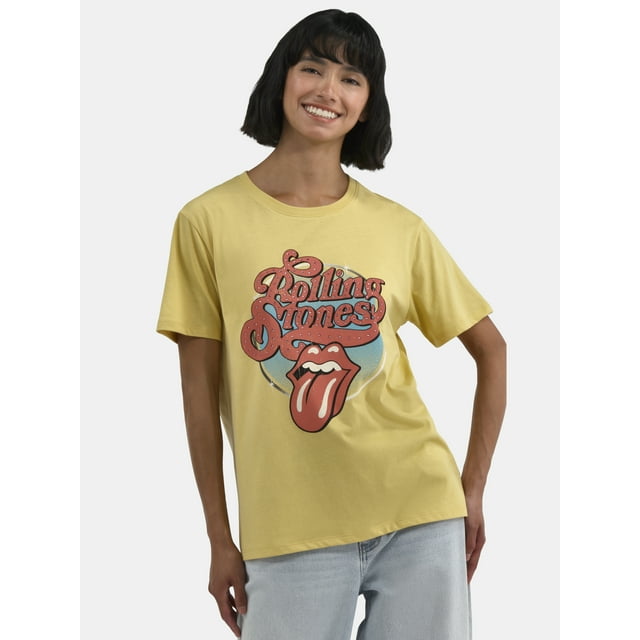 Time and Tru Women's Rolling Stones Logo Graphic Band Tee with Short Sleeves, Sizes XS-XXXL