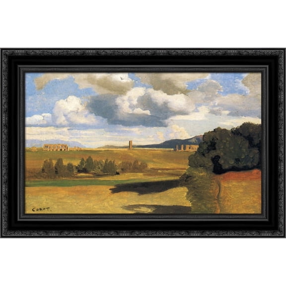 The Roman Campagna with the Claudian Aqueduct 24x18 Black Ornate Wood Framed Canvas Art by Corot, Jean Baptiste Camille