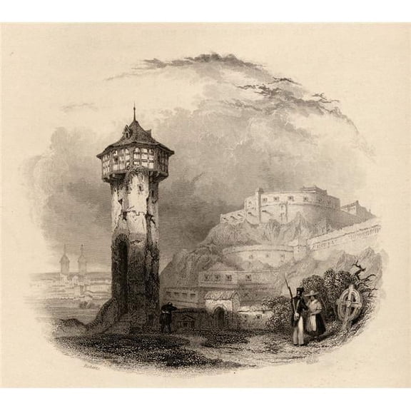 The Roman Tower In Thal Ehrenbreitstein Germany Engraved by Wallis From A 19th Century by D. Roberts Poster Print - 16 x 14