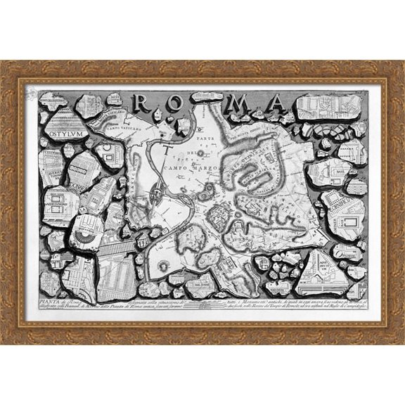 The Roman antiquities, t. 1, Plate II. Map of ancient Rome and Forma Urbis. 38x28 Large Gold Ornate Wood Framed Canvas Art by Giovanni Battista Piranesi