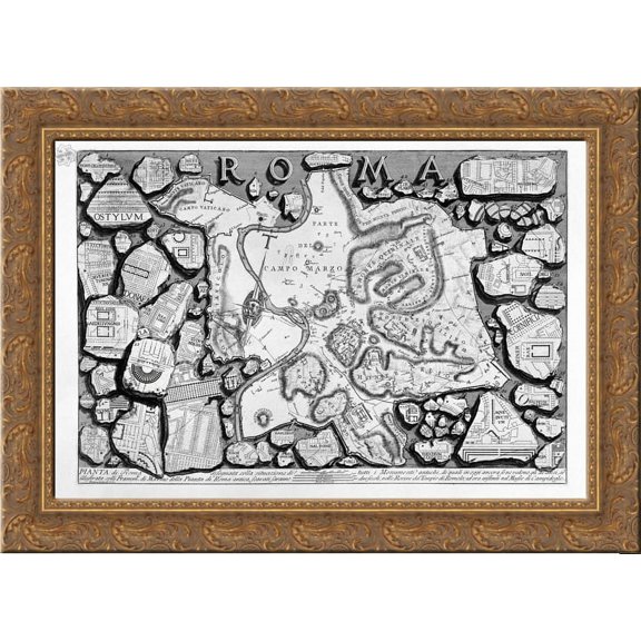 The Roman antiquities, t. 1, Plate II. Map of ancient Rome and Forma Urbis. 24x20 Gold Ornate Wood Framed Canvas Art by Piranesi, Giovanni Battista