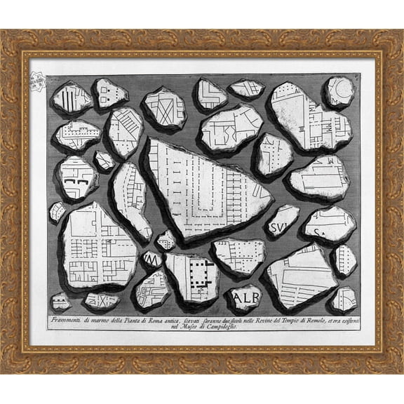 The Roman antiquities, t. 1, Plate V. Map of ancient Rome and Forma Urbis. 32x28 Large Gold Ornate Wood Framed Canvas Art by Giovanni Battista Piranesi
