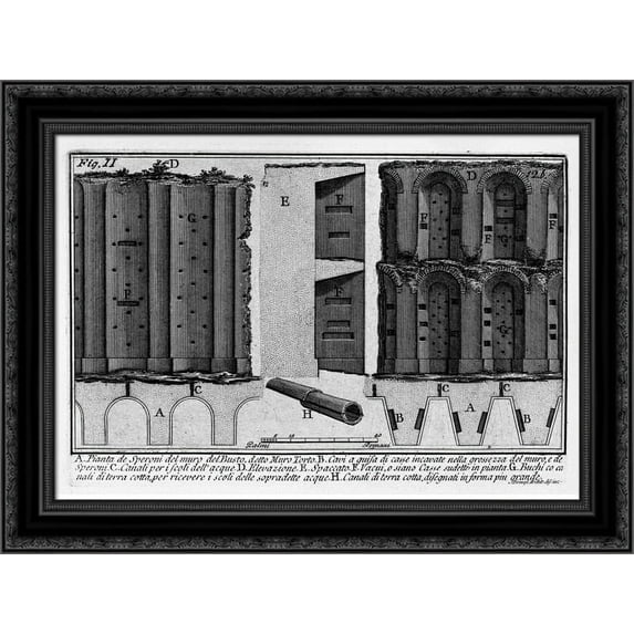 The Roman antiquities, t. 1, Plate XI. Aurelian Wall : Muro Torto. 24x20 Black Ornate Wood Framed Canvas Art by Piranesi, Giovanni Battista