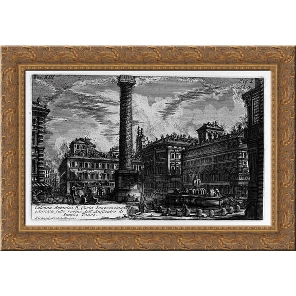 The Roman antiquities, t. 1, Plate XIII. Column of Marcus Aurelius. 24x19 Gold Ornate Wood Framed Canvas Art by Piranesi, Giovanni Battista