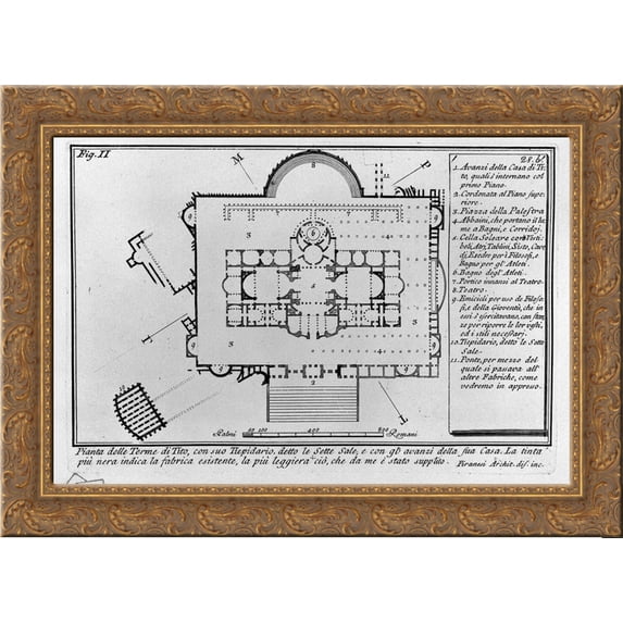 The Roman antiquities, t. 1, Plate XXVII. "Baths of Titus" (really the Baths of Traianus) 24x20 Gold Ornate Wood Framed Canvas Art by Piranesi, Giovanni Battista