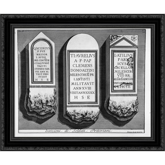 The Roman antiquities, t. 2, Plate LI. Registration of `Soldiers Praetorian guards. 24x20 Black Ornate Wood Framed Canvas Art by Piranesi, Giovanni Battista