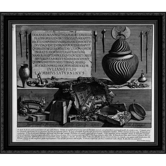 The Roman antiquities, t. 2, Plate XLIX. Inscriptions and fragments of the burial chambers of the Villa de `Five 34x28 Large Black Ornate Wood Framed Canvas Art by Giovanni Battista Piranesi