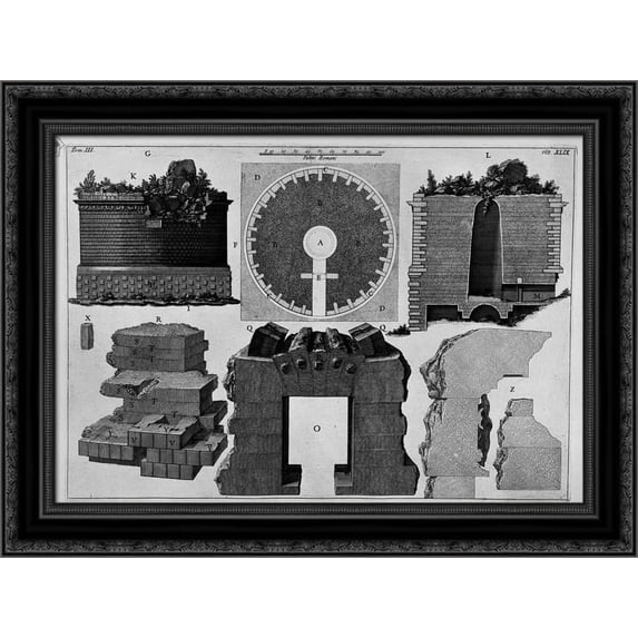 The Roman antiquities, t. 3, Plate L. Plan and construction details of the Mausoleum of Cecilia Metella 24x20 Black Ornate Wood Framed Canvas Art by Piranesi, Giovanni Battista