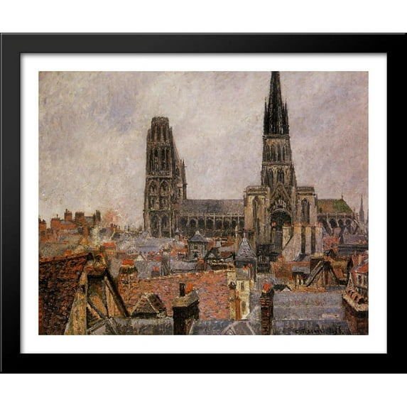 The Roofs of Old Rouen Grey Weather 34x28 Large Black Wood Framed Print Art by Camille Pissarro