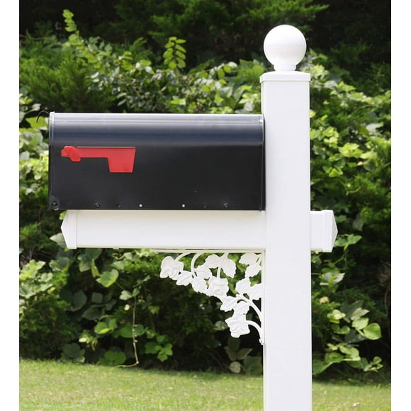 The Roosevelt Mailbox System with White Vinyl Post Combo, Stand, and Black Mailbox Included