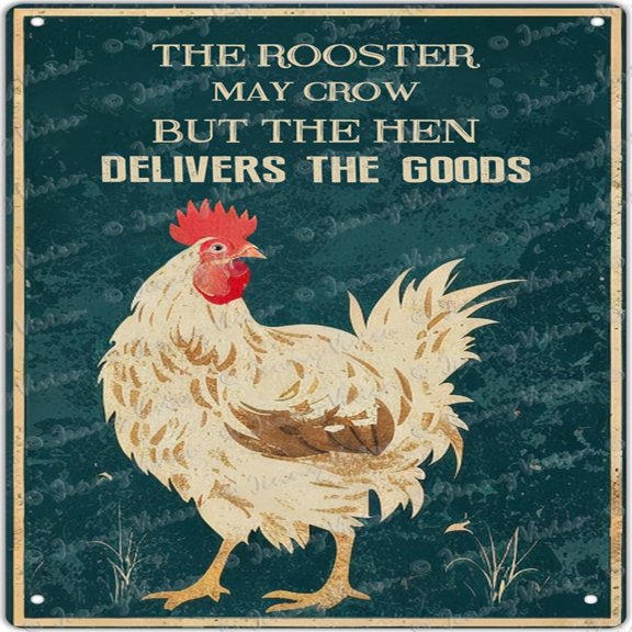The Rooster May Crow But The Hen Delivers The Goods Vintage Metal Square Tin Signs Farm Decorative Country Home Decor Signs Gift Humorous Tin Signs Garden Decor 12x12 Inches