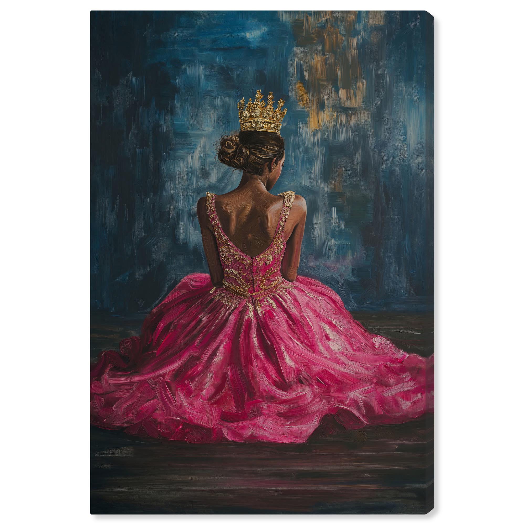 Ebony Portrait Wrapped Canvas with Pink Dress and Gold Crown
