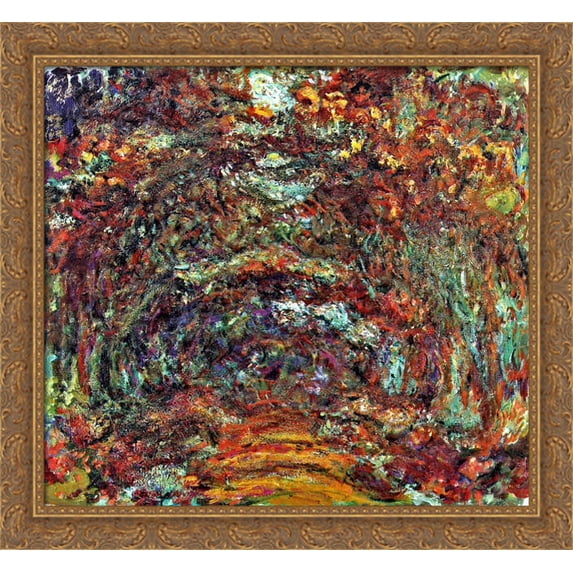 The Rose Path, Giverny 30x28 Large Gold Ornate Wood Framed Canvas Art by Claude Monet