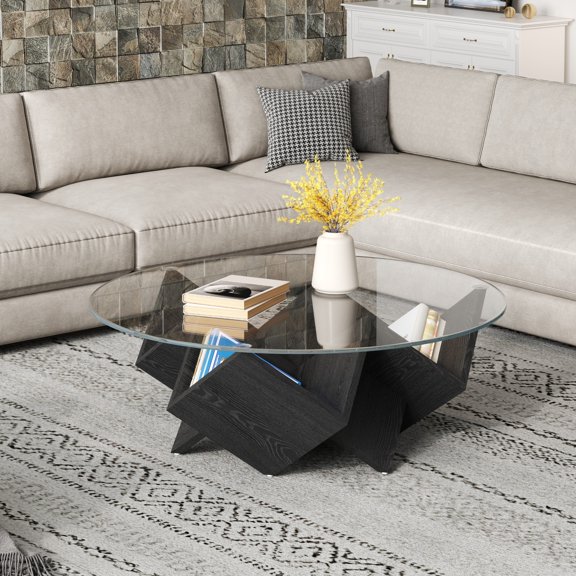 The Round Coffee Table with Glass Top and Geometric Abstract Art Deco Base Storage Shelves, Black, 35.4"
