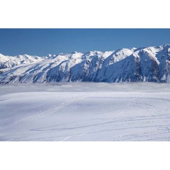 The Roundhill Ski Area with fog covered Lake Tekapo and the Hall Range, South Island, New Zealand Poster Print by David Wall (36 x 24)