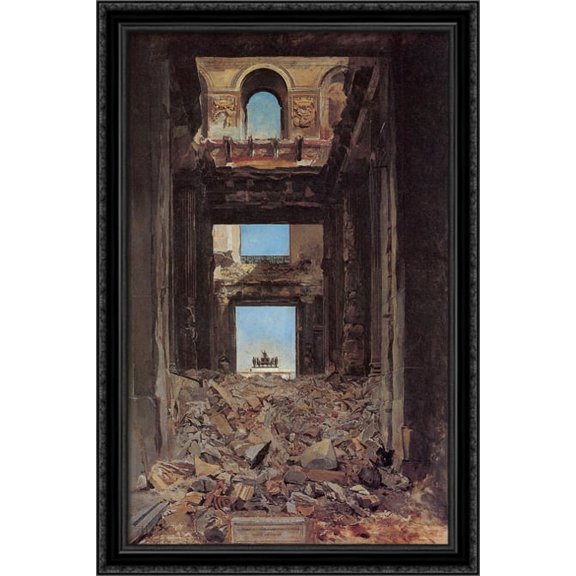 The Ruins of the Tuileries Palace after the Commune of 1871 26x40 Large Black Ornate Wood Framed Canvas Art by Jean Louis Ernest Meissonier