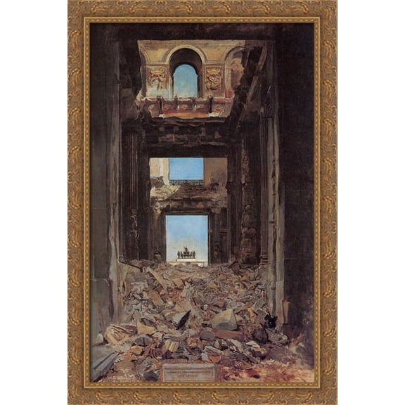 The Ruins of the Tuileries Palace after the Commune of 1871 26x40 Large Gold Ornate Wood Framed Canvas Art by Jean Louis Ernest Meissonier