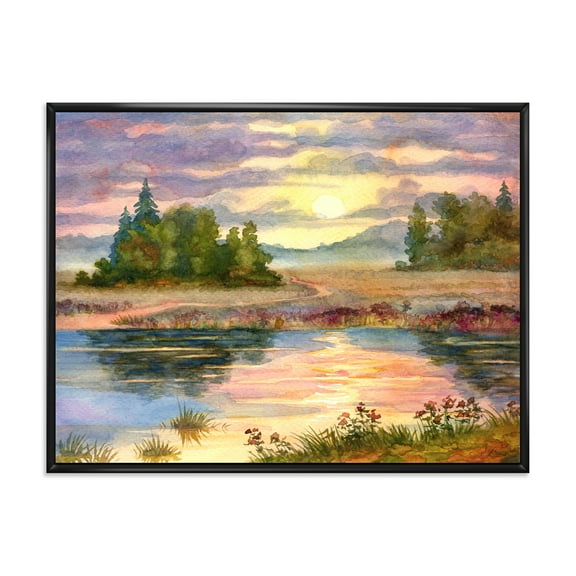 The Rural Lake In Sunset Evening I 20 in x 12 in Framed Painting Canvas Art Print, by Designart
