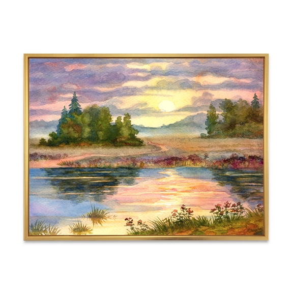 The Rural Lake In Sunset Evening I 20 in x 12 in Framed Painting Canvas Art Print, by Designart