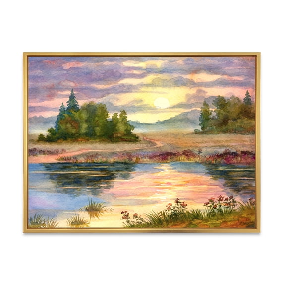 The Rural Lake In Sunset Evening I 32 in x 24 in Framed Painting Canvas Art Print, by Designart