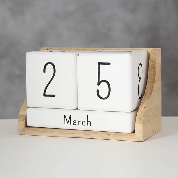The Rustic Perpetual Block Calendar, Desktop Accessory, Wood, White and Natural, 5 1/2 L x 2 3/4 W x 3 1/2 H Inches$$Office