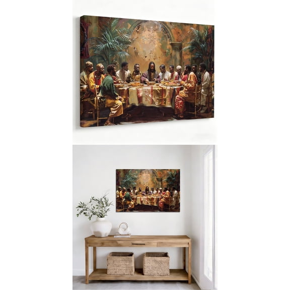 "The Sacred Feast" African Heritage Canvas Art, Majestic Biblical Last Supper Oil Painting Print, Matte Finish Gallery Wrapped Spiritual Wall Decor 16*24