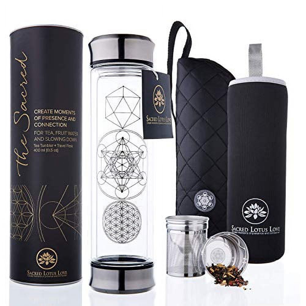 The Sacred Glass Tea Infuser Bottle + Strainer for Loose Leaf, Herbal, Green or Ice Tea. 415ml/14oz Cold Brew Coffee Mug + Fruit Infusions tumbler. Free Quilted and Neoprone Sleeves - image 1 of 11