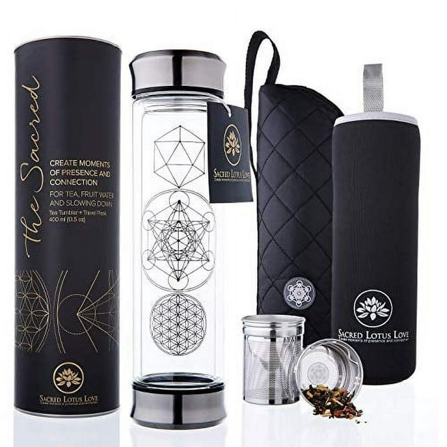 The Sacred Glass Tea Infuser Bottle + Strainer for Loose Leaf, Herbal, Green or Ice Tea. 415ml/14oz Cold Brew Coffee Mug + Fruit Infusions tumbler. Free Quilted and Neoprone Sleeves