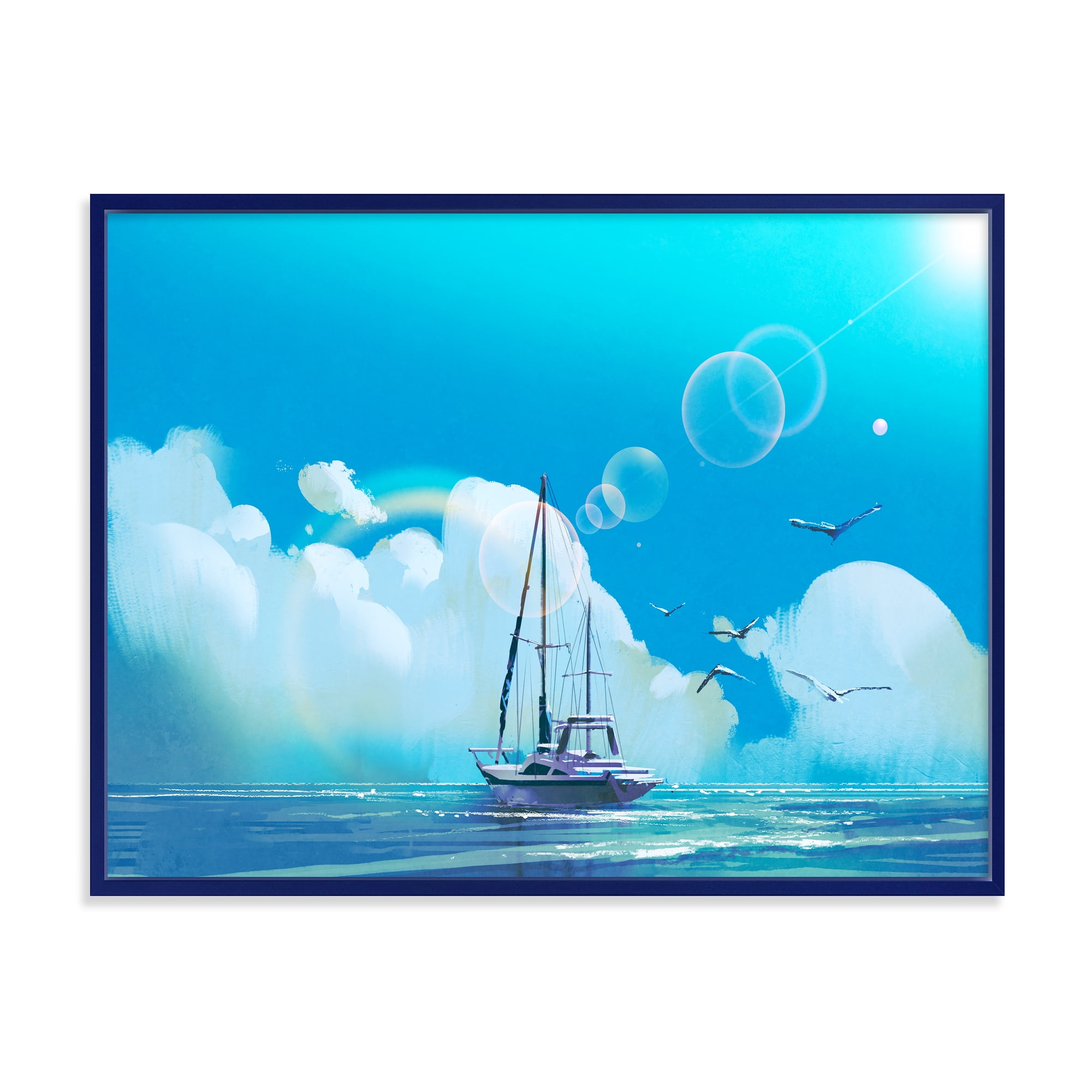 The Sailboat On The Blue Sea Against Summer Clouds Sky 20 in x 12 in Framed Painting Canvas Art Print, by Designart