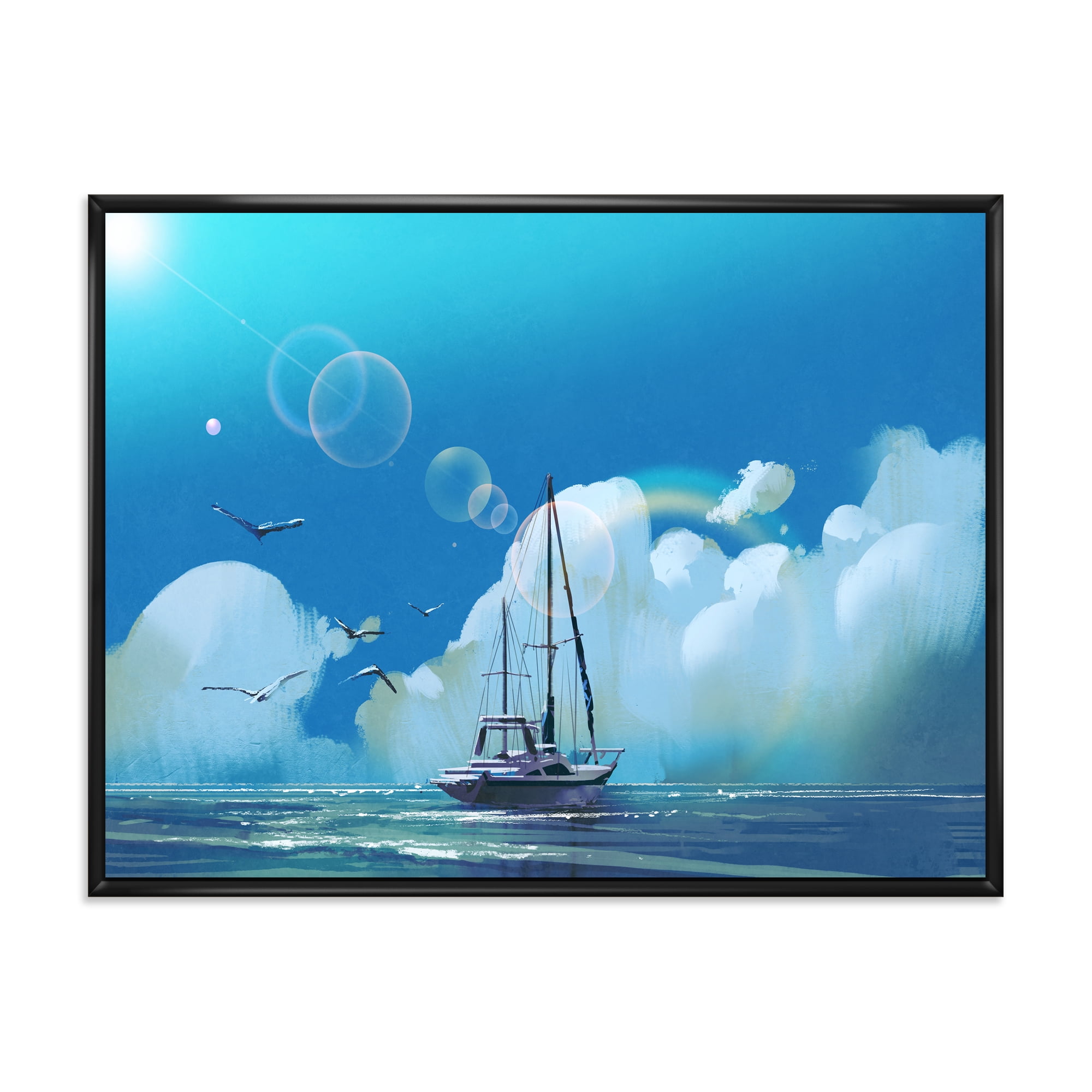 The Sailboat On The Blue Sea Against Summer Clouds Sky 32 in x 24 in Framed Painting Canvas Art Print, by Designart