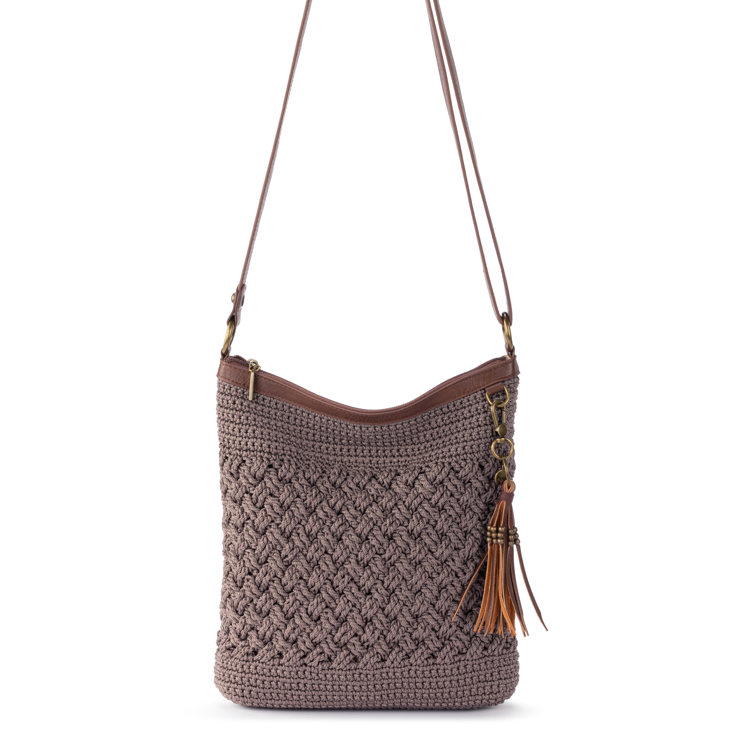 the SAK double handle zip top brown leather satchel hand bag purse