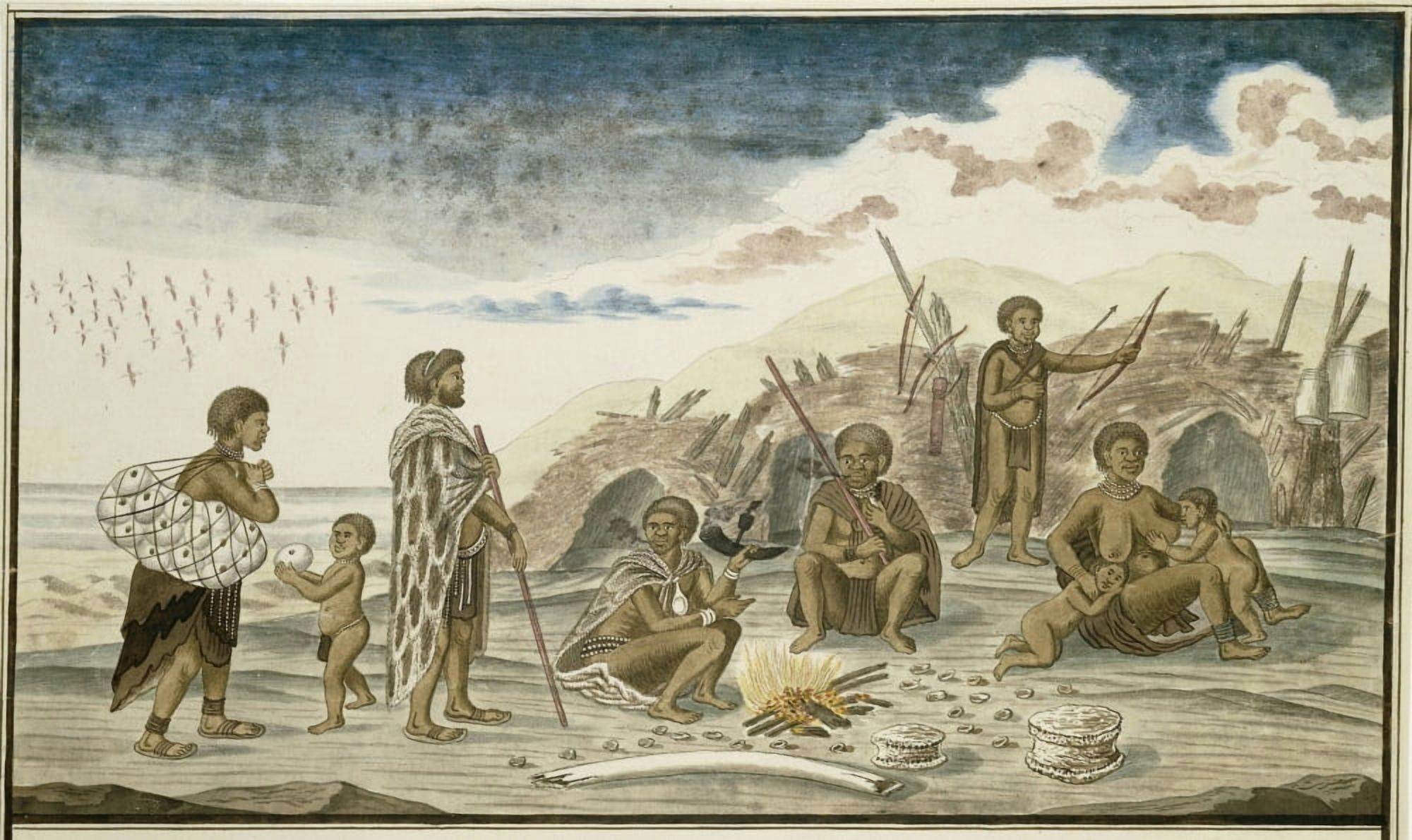 The San People And Their Huts On The Beach Canvas Art - (36 x 24)