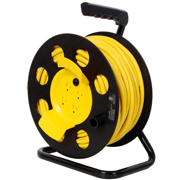 The Sanctuary 100ft Length Cable Heavy Duty Retractable Extension Cord Reel, Extendable Design, For Outdoor, Yellow, Made from Metal